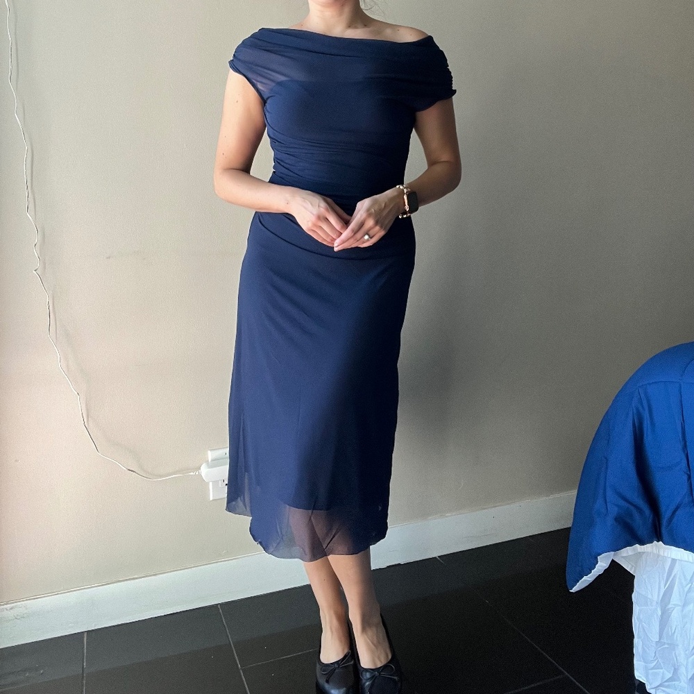 DAZY Ruched Side Mesh Overlay Dress - Dark Blue, Size M